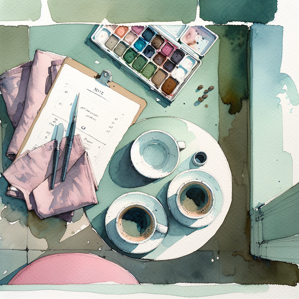 Watercolour illustration in pale paper, faded ink blue, hesitant pink, and soft moss tones for the Questions to ask your crush in person, when tone matters and timing is now. pack.